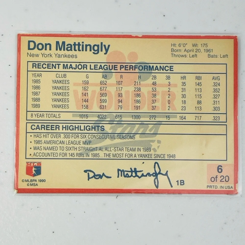 1990 Wonder Bread Stars Don Mattingly 6 Trading Card Collectible